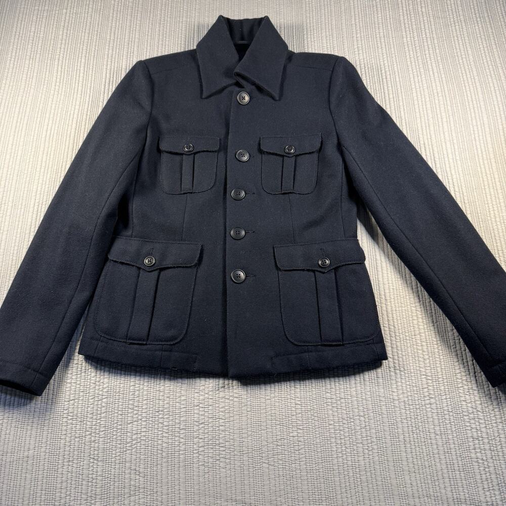 Lucky Brand Pea Coat Jacket Womens M Button Navy Blue Wool Blend Boho Chic